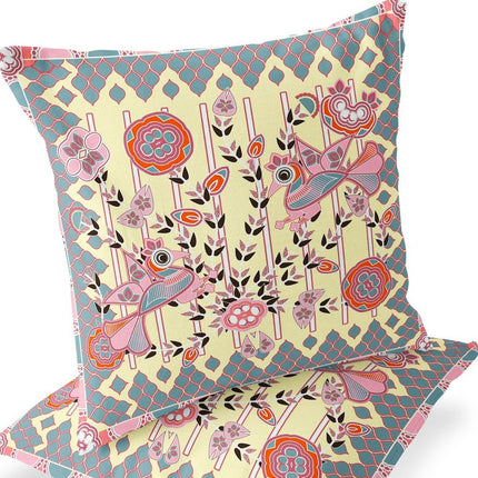 Set of Two Yellow Pink Orange And Gray Peacock Indoor Outdoor Throw Pillow HomeRoots