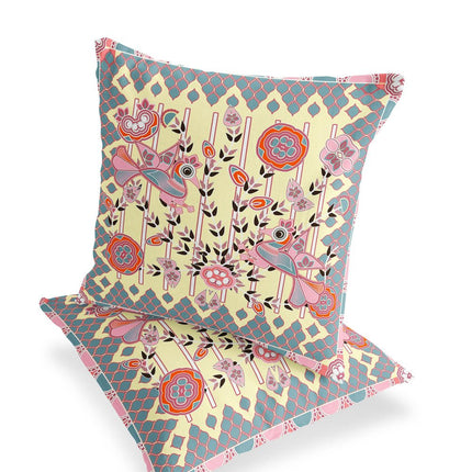 Set of Two Yellow Pink Orange And Gray Peacock Indoor Outdoor Throw Pillow