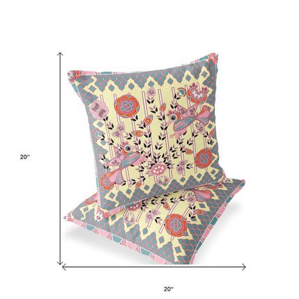Set of Two Yellow Pink Orange And Gray Peacock Indoor Outdoor Throw Pillow HomeRoots