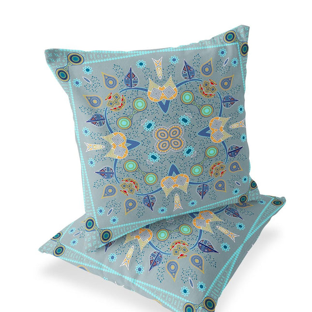 Set of Two Light Gray Blue And Yellow Botanical Indoor Outdoor Throw Pillow