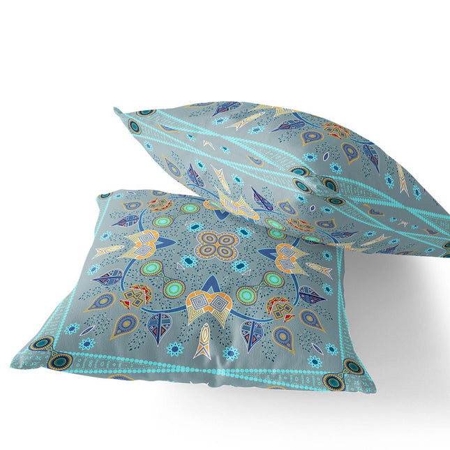 Set of Two Light Gray Blue And Yellow Botanical Indoor Outdoor Throw Pillow