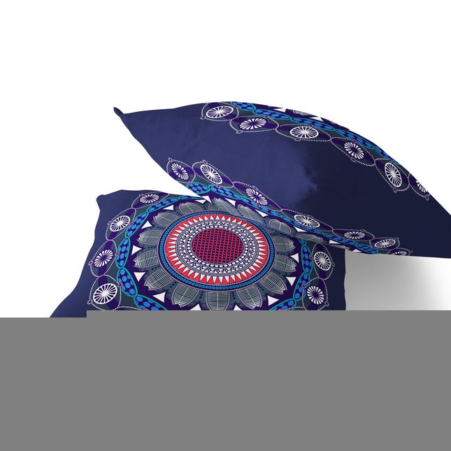 Set of Two Navy Blue Blue Charcoal White And Red Geometric Indoor Outdoor Throw Pillow HomeRoots