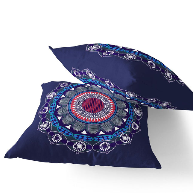 Set of Two Navy Blue Blue Charcoal White And Red Geometric Indoor Outdoor Throw Pillow