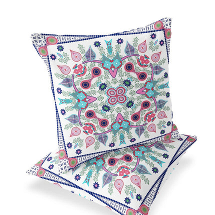 Set of Two White Pink And Light Blue Botanical Indoor Outdoor Throw Pillow