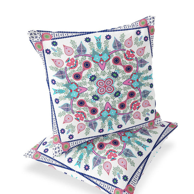 Set of Two White Pink And Light Blue Botanical Indoor Outdoor Throw Pillow