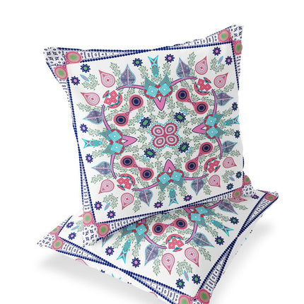 Set of Two White Pink And Light Blue Botanical Indoor Outdoor Throw Pillow HomeRoots