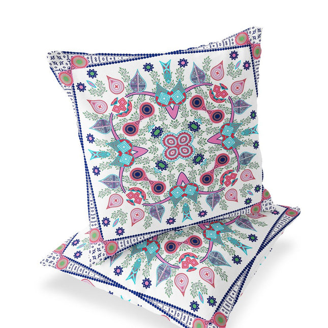 Set of Two White Pink And Light Blue Botanical Indoor Outdoor Throw Pillow HomeRoots