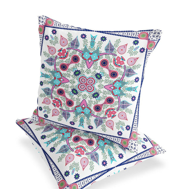 Set of Two White Pink And Light Blue Botanical Indoor Outdoor Throw Pillow