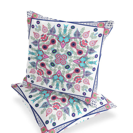 Set of Two White Pink And Light Blue Botanical Indoor Outdoor Throw Pillow HomeRoots