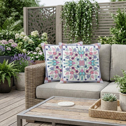 Set of Two White Pink And Light Blue Botanical Indoor Outdoor Throw Pillow HomeRoots