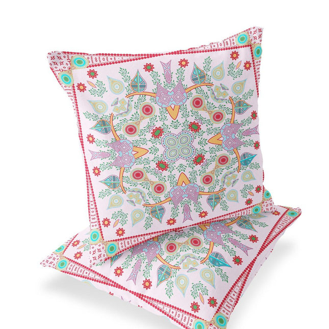 Set of Two White Pink And Red Botanical Indoor Outdoor Throw Pillow