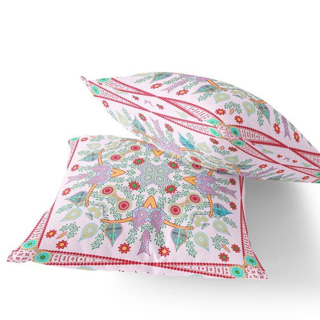 Set of Two White Pink And Red Botanical Indoor Outdoor Throw Pillow