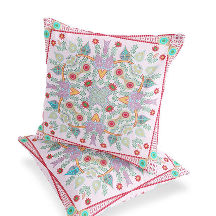 Set of Two White Pink And Red Botanical Indoor Outdoor Throw Pillow