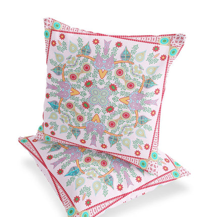 Set of Two White Pink And Red Botanical Indoor Outdoor Throw Pillow HomeRoots