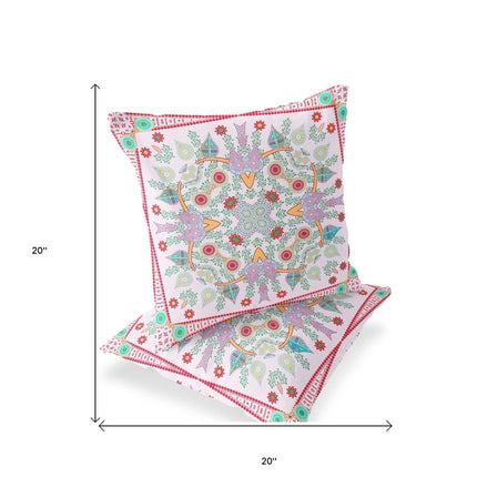 Set of Two White Pink And Red Botanical Indoor Outdoor Throw Pillow
