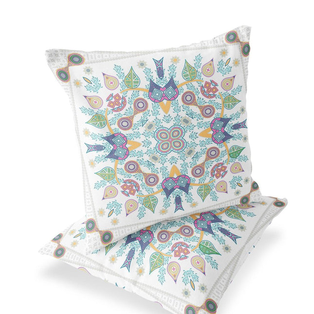Set of Two White Pink Yellow And Light Green Botanical Indoor Outdoor Throw Pillow