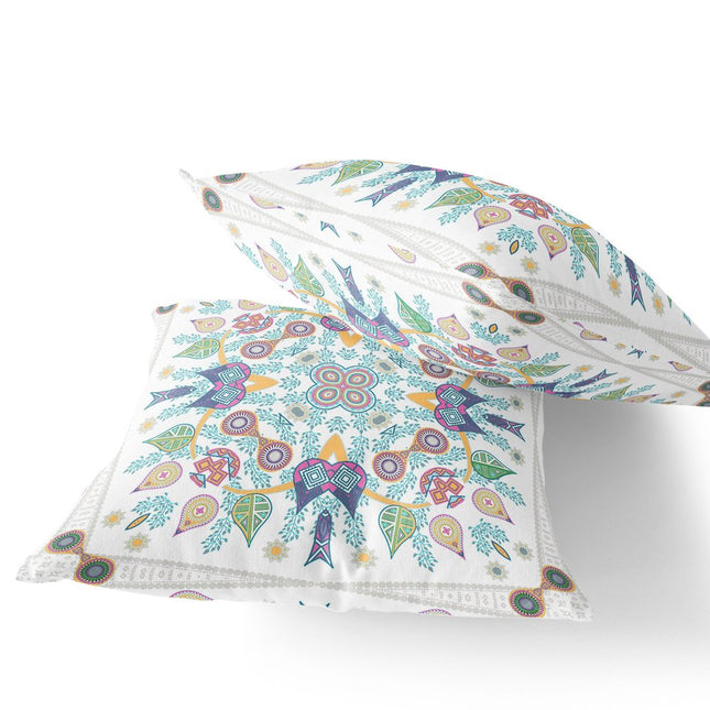 Set of Two White Pink Yellow And Light Green Botanical Indoor Outdoor Throw Pillow HomeRoots