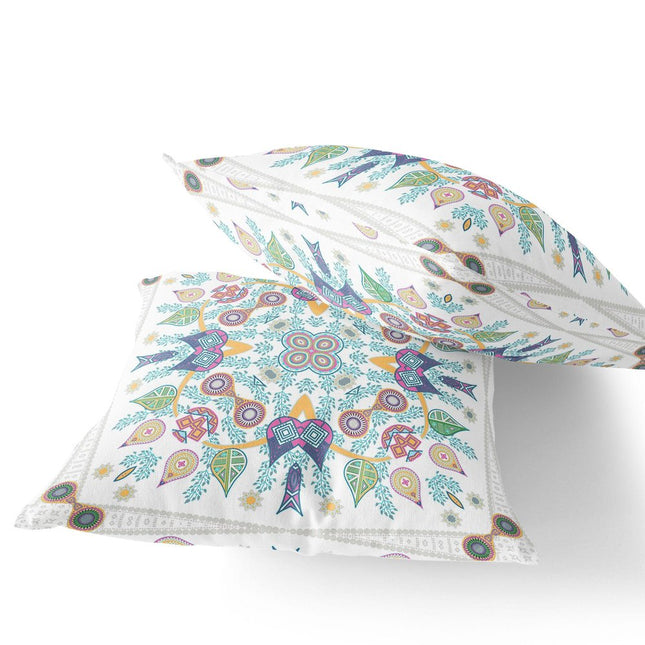Set of Two White Pink Yellow And Light Green Botanical Indoor Outdoor Throw Pillow