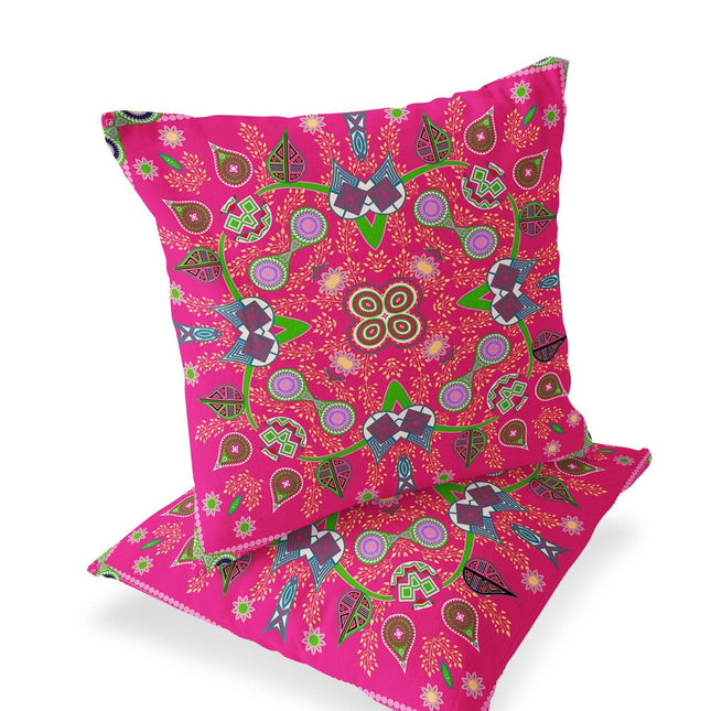 Set of Two Pink And Green Paisley Indoor Outdoor Throw Pillow