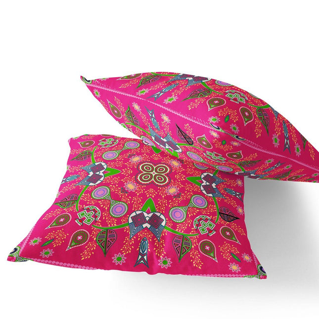 Set of Two Pink And Green Paisley Indoor Outdoor Throw Pillow