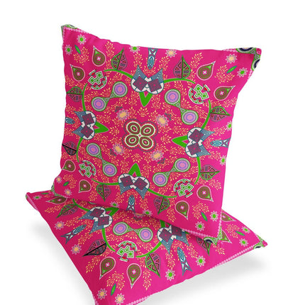 Set of Two Pink And Green Paisley Indoor Outdoor Throw Pillow HomeRoots