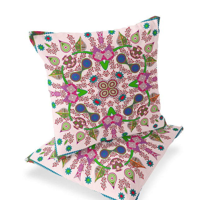 Set of Two Light Pink Purple And Green Paisley Indoor Outdoor Throw Pillow
