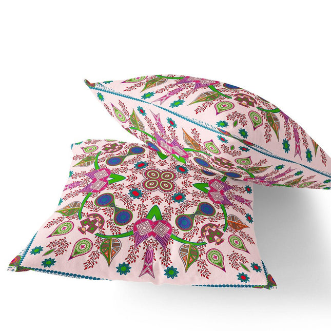 Set of Two Light Pink Purple And Green Paisley Indoor Outdoor Throw Pillow