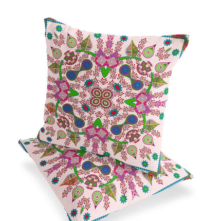 Set of Two Light Pink Purple And Green Paisley Indoor Outdoor Throw Pillow HomeRoots