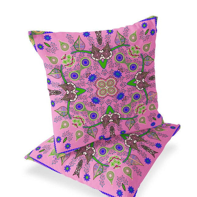 Set of Two Pink Blue And Green Paisley Indoor Outdoor Throw Pillow