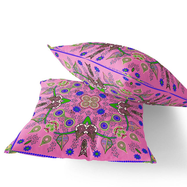 Set of Two Pink Blue And Green Paisley Indoor Outdoor Throw Pillow