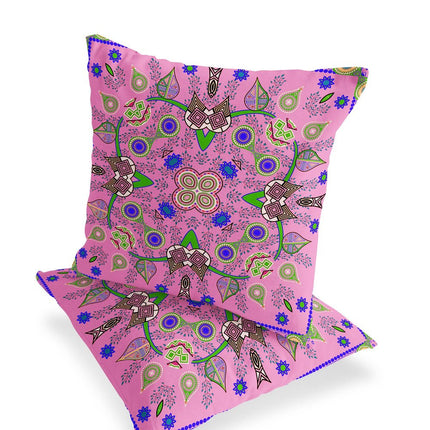 Set of Two Pink Blue And Green Paisley Indoor Outdoor Throw Pillow