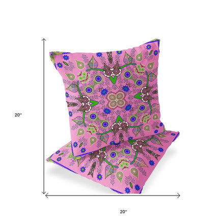 Set of Two Pink Blue And Green Paisley Indoor Outdoor Throw Pillow