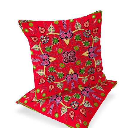 Set of Two Red Green And Pink Paisley Indoor Outdoor Throw Pillow