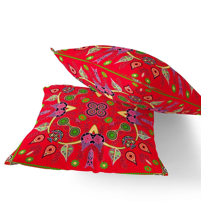 Set of Two Red Green And Pink Paisley Indoor Outdoor Throw Pillow