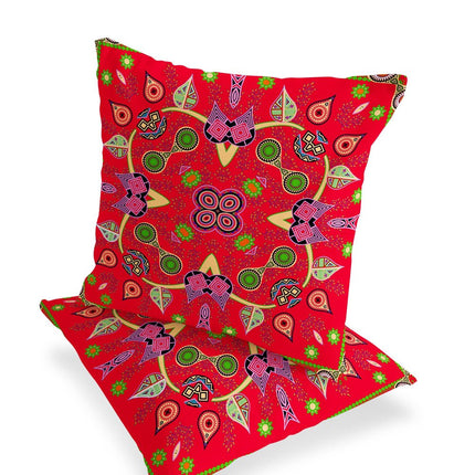 Set of Two Red Green And Pink Paisley Indoor Outdoor Throw Pillow
