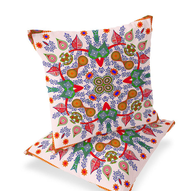 Set of Two White Red And Orange Paisley Indoor Outdoor Throw Pillow