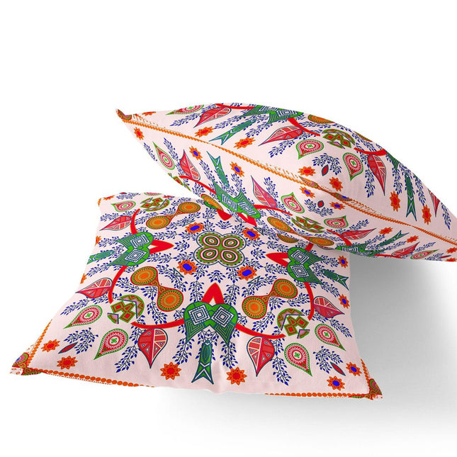 Set of Two White Red And Orange Paisley Indoor Outdoor Throw Pillow