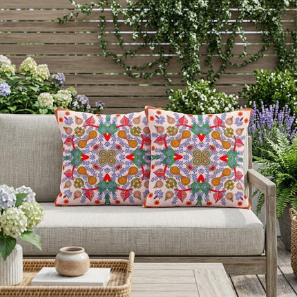 Set of Two White Red And Orange Paisley Indoor Outdoor Throw Pillow