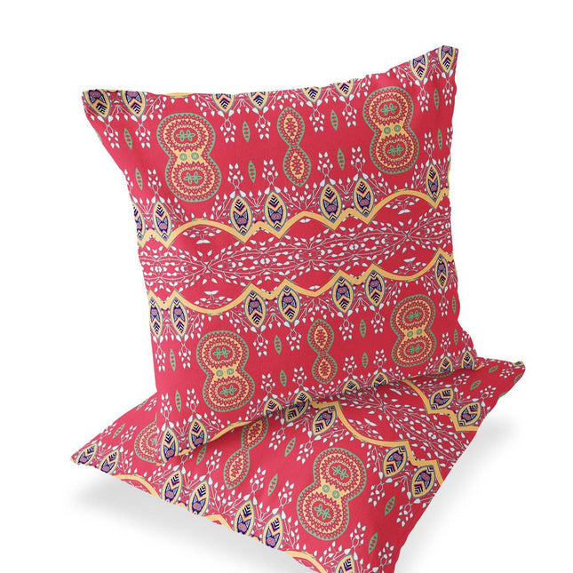Set of Two Red And Gold Botanical Indoor Outdoor Throw Pillow