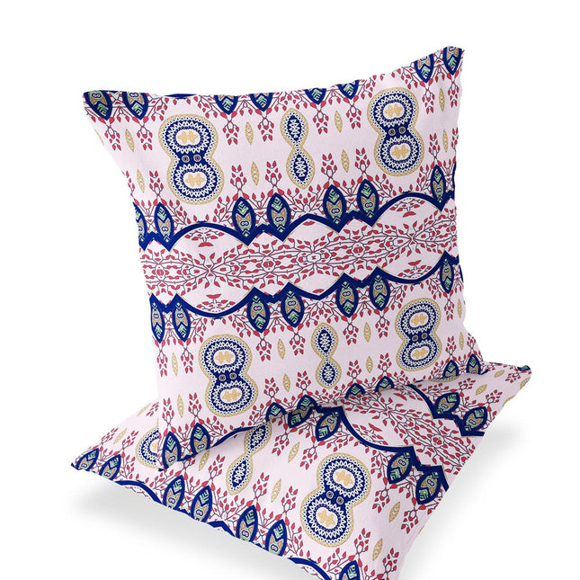 Set of Two White Red And Blue Botanical Indoor Outdoor Throw Pillow