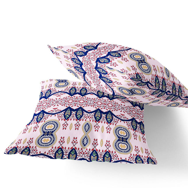 Set of Two White Red And Blue Botanical Indoor Outdoor Throw Pillow