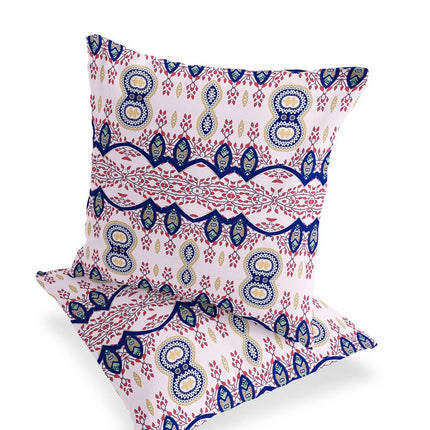 Set of Two White Red And Blue Botanical Indoor Outdoor Throw Pillow