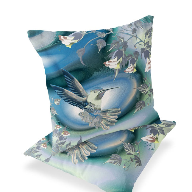 Set of Two White And Blue Bird Indoor Outdoor Throw Pillow