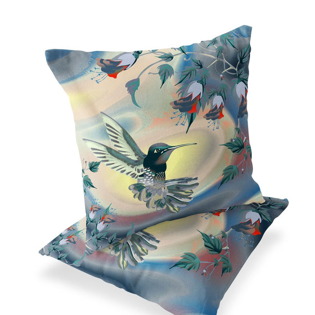 Set of Two Yellow Green And Blue Bird Indoor Outdoor Throw Pillow