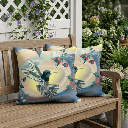 Set of Two Yellow Green And Blue Bird Indoor Outdoor Throw Pillow