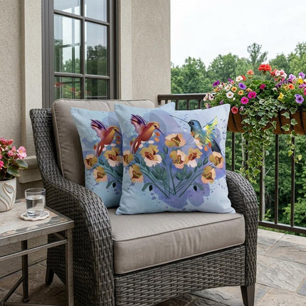 Set of Two Mint Green Yellow And Blue Bird Indoor Outdoor Throw Pillow