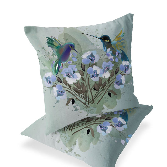 Set of Two Green Blue And White Bird Indoor Outdoor Throw Pillow