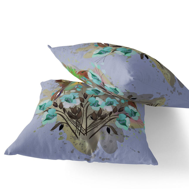 Set of Two Green Brown And Gray Bird Indoor Outdoor Throw Pillow