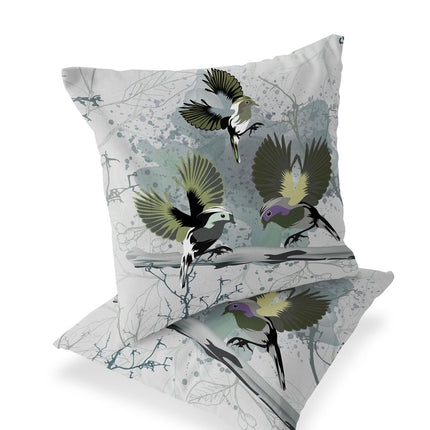 Set of Two Olive Green And Off White Bird Indoor Outdoor Throw Pillow