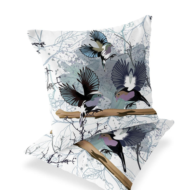 Set of Two White Gray And Black Bird Indoor Outdoor Throw Pillow